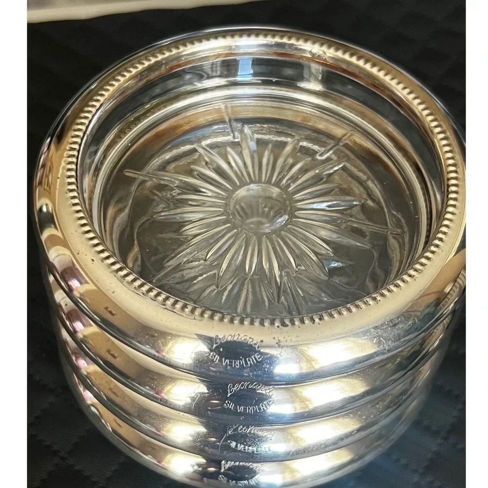 Leonard Silverplate Glass Starburst Coasters Set of 4 Made in Italy Beaded Rim